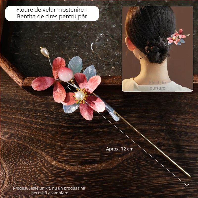 Clip de păr cu floare din velur — Set DIY de materiale, stil antic, aliaj, ambalat individual, primăvara 2025