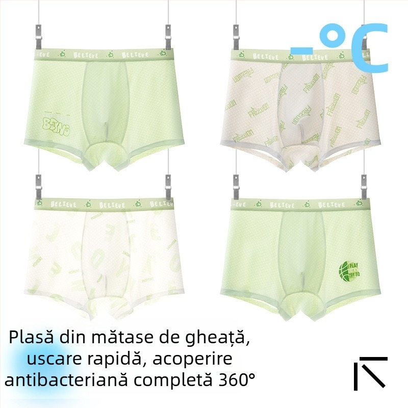 Boxeri pentru copii băieți, material Ice Silk, 85% nylon, 15% spandex, vară 2025, fără cusături