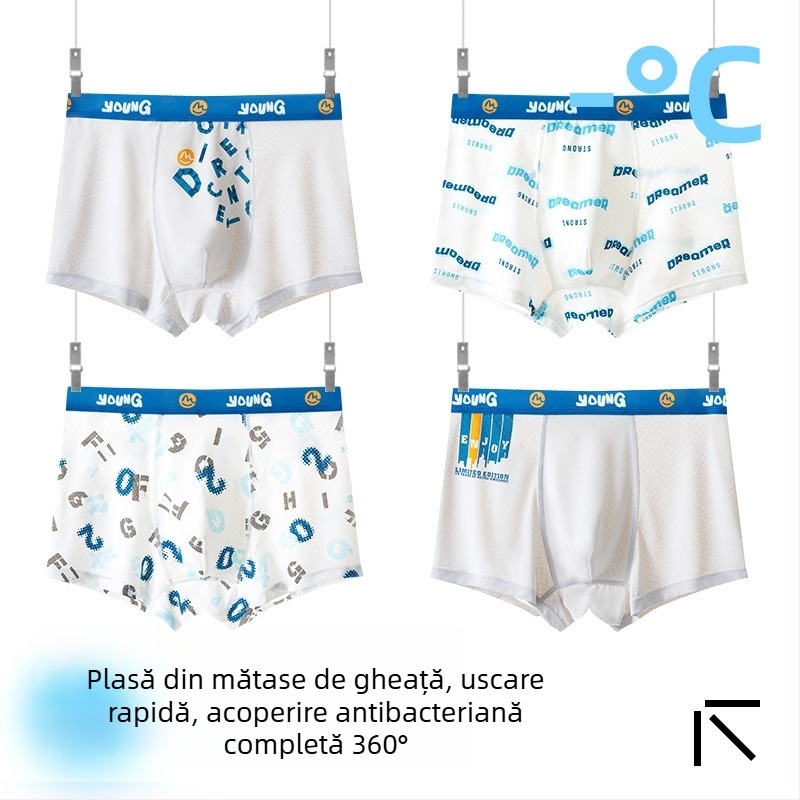 Boxeri pentru copii băieți, material Ice Silk, 85% nylon, 15% spandex, vară 2025, fără cusături