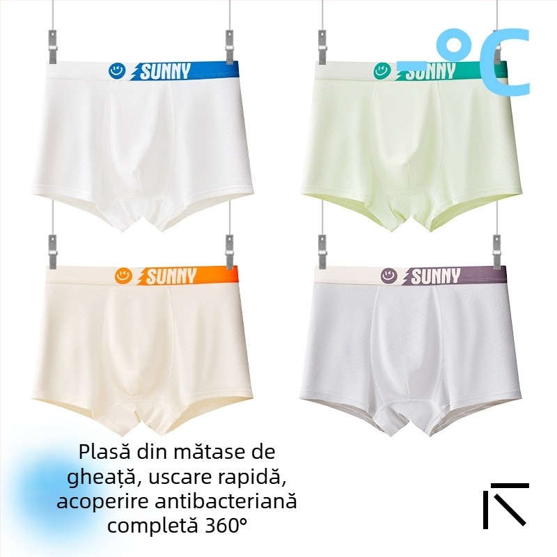 Boxeri pentru copii băieți, material Ice Silk, 85% nylon, 15% spandex, vară 2025, fără cusături
