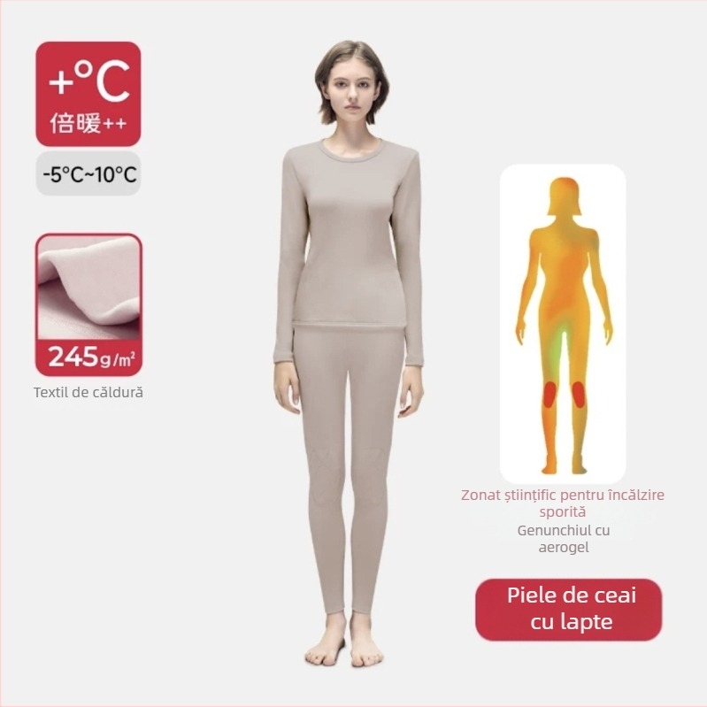 Set termic din aerogel, unisex, căptușit cu fleece, protecție la genunchi, guler rotund, mâneci lungi și pantaloni, strat unic, 181–200 g/m²
