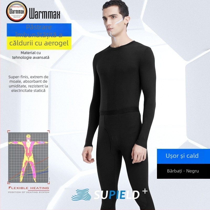 Set termic din aerogel, unisex, căptușit cu fleece, protecție la genunchi, guler rotund, mâneci lungi și pantaloni, strat unic, 181–200 g/m²