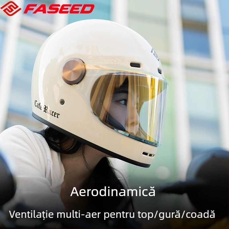 FASEED Cască retro integrală pentru motocicletă, ABS, certificat 3C, universal pentru patru sezoane