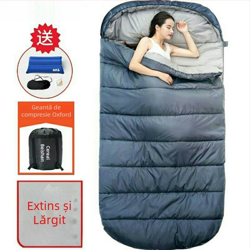 Sac de dormit pentru adulți, outdoor, lat și gros, universal pentru toate anotimpurile, portabil, stil dreptunghiular; țesătură: nylon; căptușeală: poliester-bumbac