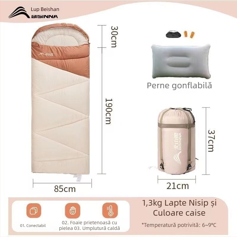 Sac de dormit pentru adulți, outdoor, lat și gros, universal pentru toate anotimpurile, portabil, stil dreptunghiular; țesătură: nylon; căptușeală: poliester-bumbac