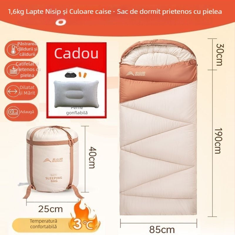 Sac de dormit pentru adulți, outdoor, lat și gros, universal pentru toate anotimpurile, portabil, stil dreptunghiular; țesătură: nylon; căptușeală: poliester-bumbac