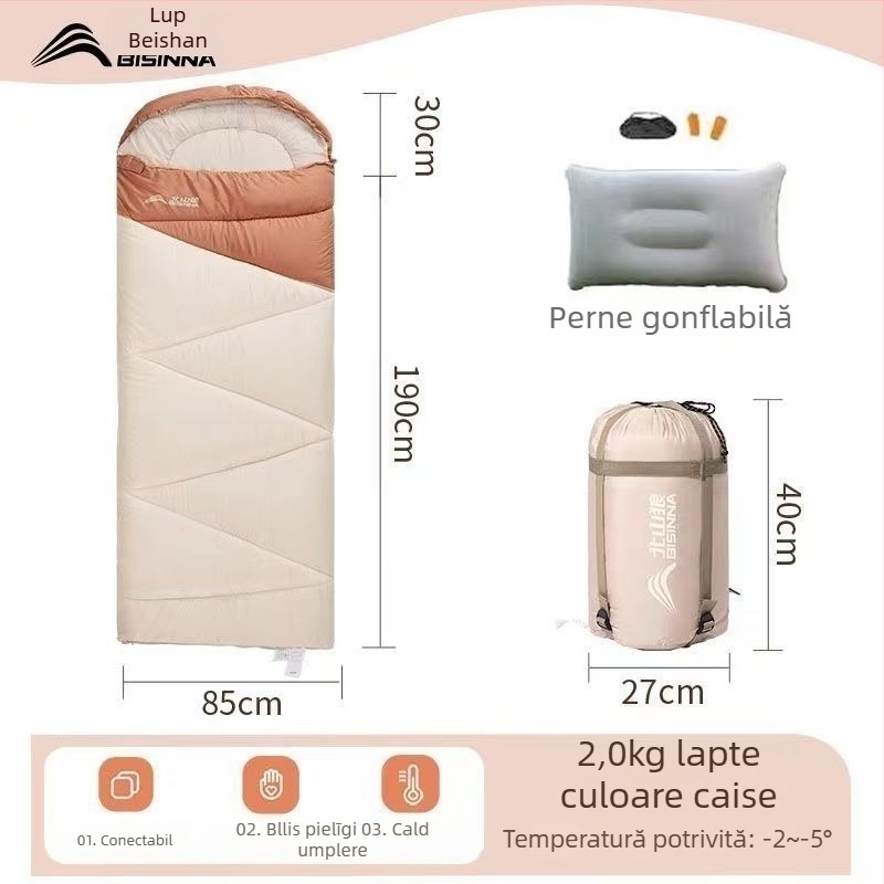 Sac de dormit pentru adulți, outdoor, lat și gros, universal pentru toate anotimpurile, portabil, stil dreptunghiular; țesătură: nylon; căptușeală: poliester-bumbac