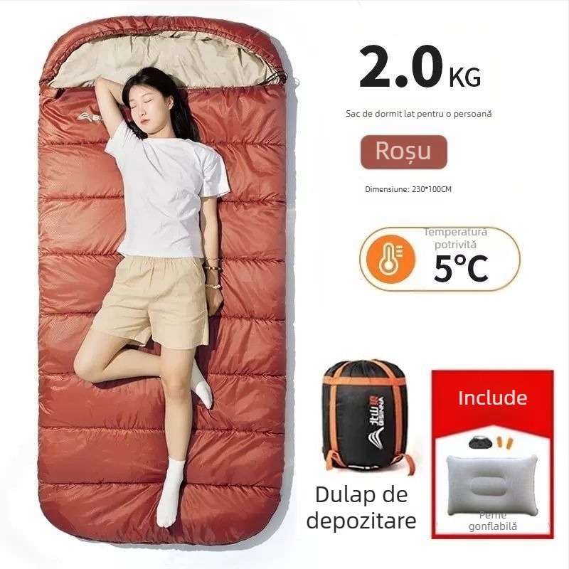 Sac de dormit pentru adulți, outdoor, lat și gros, universal pentru toate anotimpurile, portabil, stil dreptunghiular; țesătură: nylon; căptușeală: poliester-bumbac