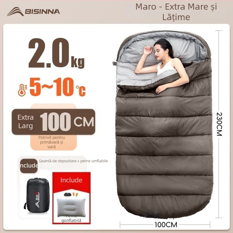 Sac de dormit pentru adulți, outdoor, lat și gros, universal pentru toate anotimpurile, portabil, stil dreptunghiular; țesătură: nylon; căptușeală: poliester-bumbac