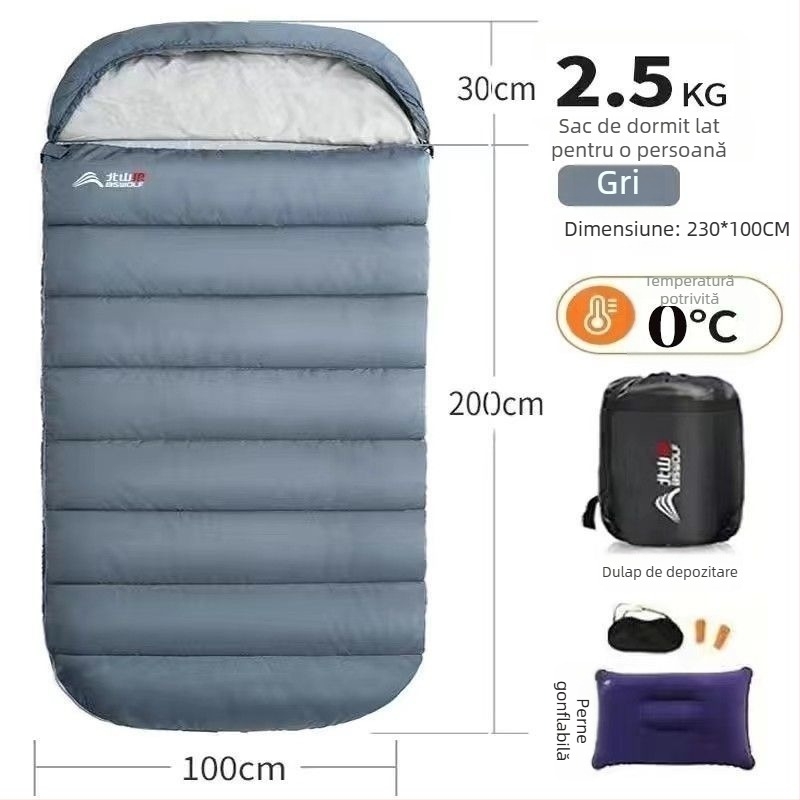 Sac de dormit pentru adulți, outdoor, lat și gros, universal pentru toate anotimpurile, portabil, stil dreptunghiular; țesătură: nylon; căptușeală: poliester-bumbac