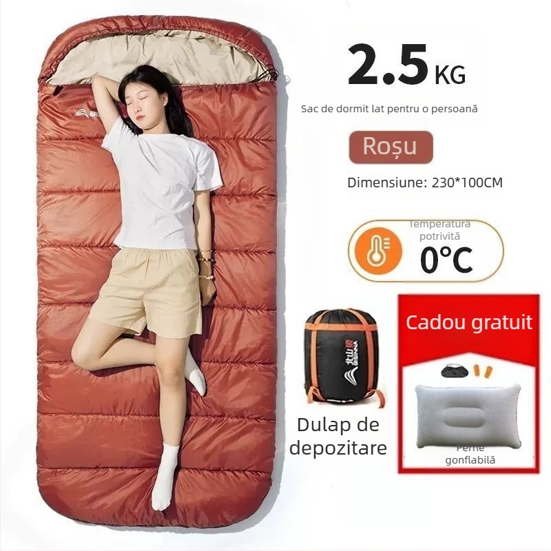 Sac de dormit pentru adulți, outdoor, lat și gros, universal pentru toate anotimpurile, portabil, stil dreptunghiular; țesătură: nylon; căptușeală: poliester-bumbac