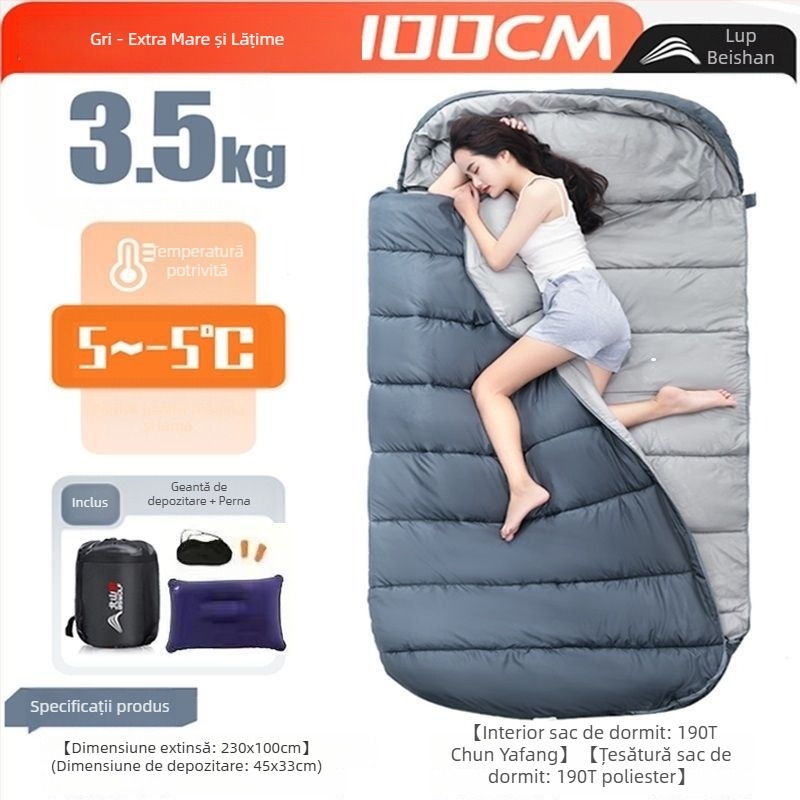 Sac de dormit pentru adulți, outdoor, lat și gros, universal pentru toate anotimpurile, portabil, stil dreptunghiular; țesătură: nylon; căptușeală: poliester-bumbac