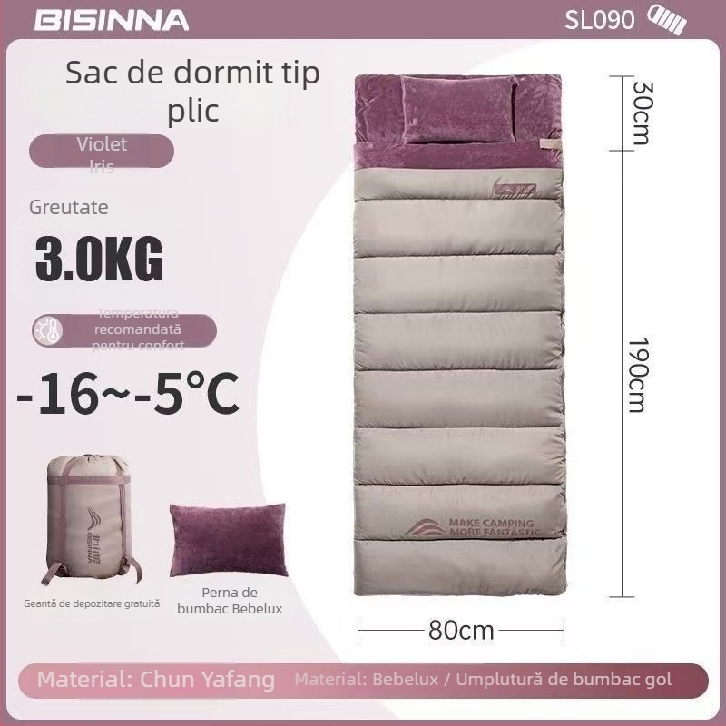 Sac de dormit pentru adulți, outdoor, lat și gros, universal pentru toate anotimpurile, portabil, stil dreptunghiular; țesătură: nylon; căptușeală: poliester-bumbac
