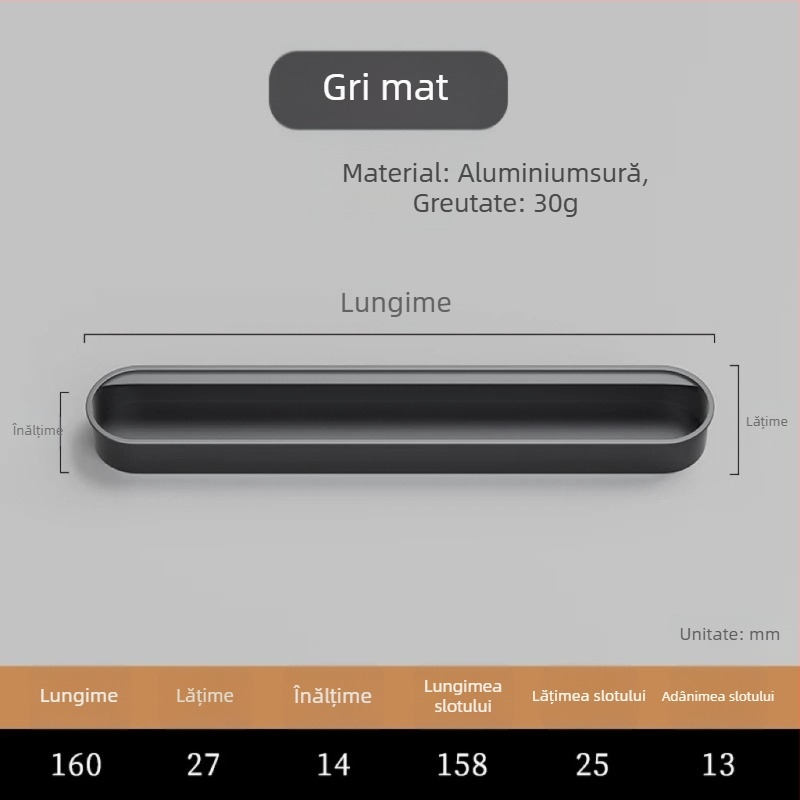 Mâner încastrat invizibil pentru ușile de dulap — aliaj de aluminiu, finisaj pulverizat, stil modern minimalist