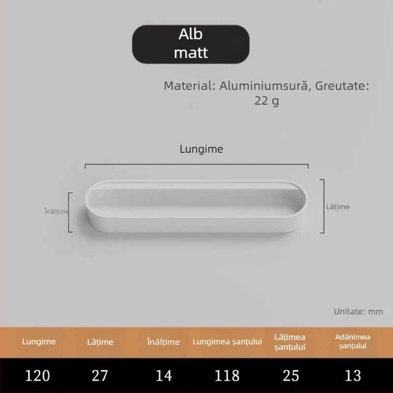 Mâner încastrat invizibil pentru ușile de dulap — aliaj de aluminiu, finisaj pulverizat, stil modern minimalist