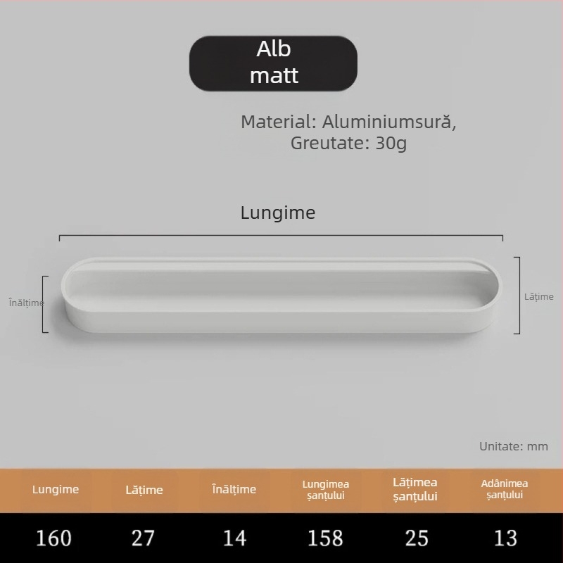 Mâner încastrat invizibil pentru ușile de dulap — aliaj de aluminiu, finisaj pulverizat, stil modern minimalist