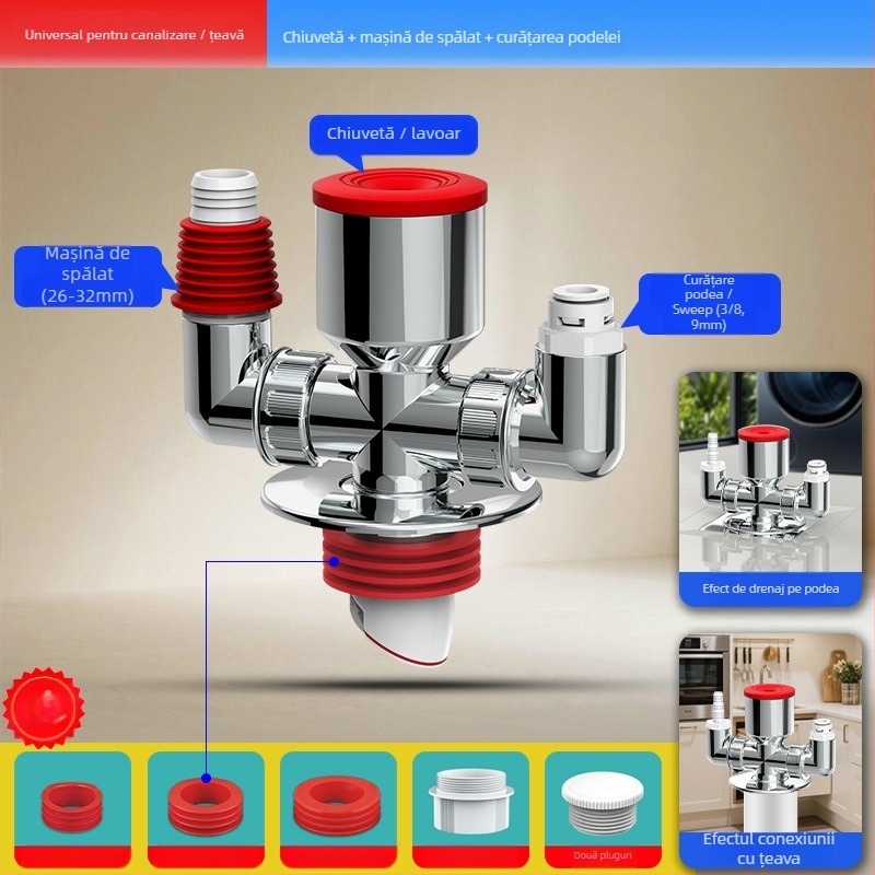 Distribuitor de scurgere pentru mașina de spălat, ABS, ramificație de 20 mm, etanșare cu apă 60, interval -20–90 °C, montaj prin presiune manuală
