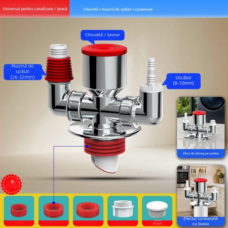 Distribuitor de scurgere pentru mașina de spălat, ABS, ramificație de 20 mm, etanșare cu apă 60, interval -20–90 °C, montaj prin presiune manuală