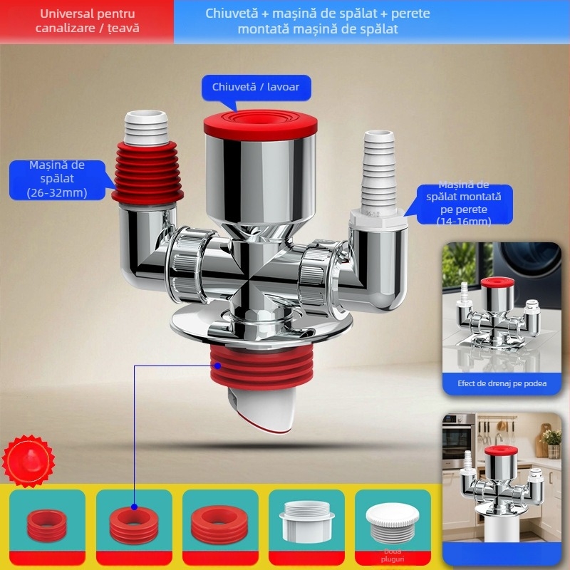 Distribuitor de scurgere pentru mașina de spălat, ABS, ramificație de 20 mm, etanșare cu apă 60, interval -20–90 °C, montaj prin presiune manuală