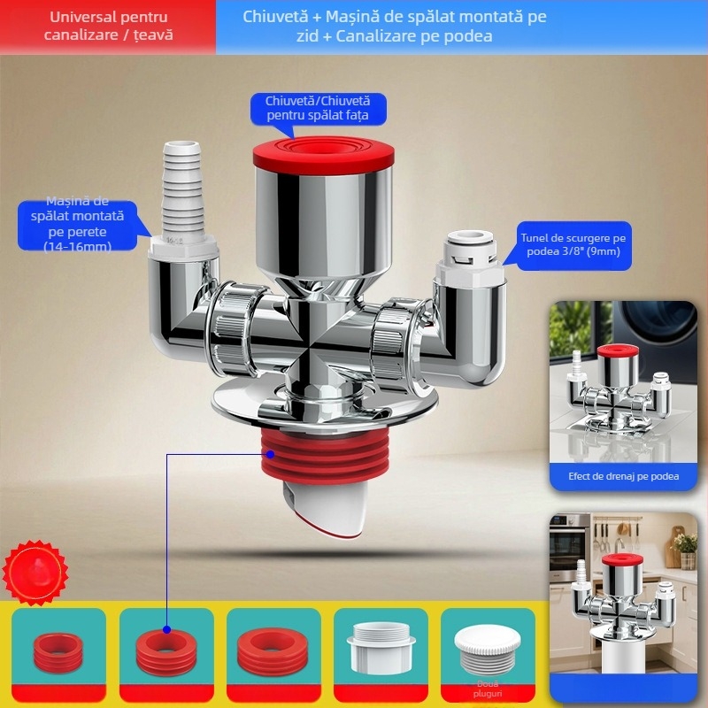Distribuitor de scurgere pentru mașina de spălat, ABS, ramificație de 20 mm, etanșare cu apă 60, interval -20–90 °C, montaj prin presiune manuală