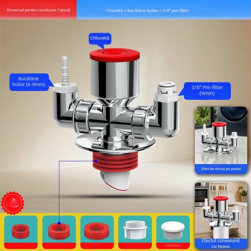 Distribuitor de scurgere pentru mașina de spălat, ABS, ramificație de 20 mm, etanșare cu apă 60, interval -20–90 °C, montaj prin presiune manuală