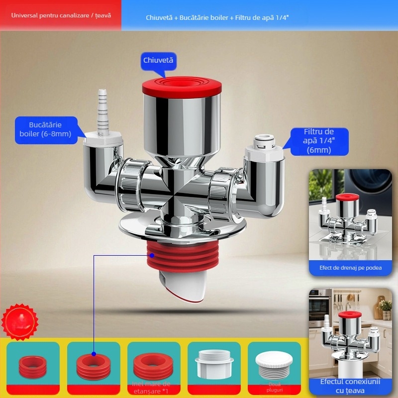 Distribuitor de scurgere pentru mașina de spălat, ABS, ramificație de 20 mm, etanșare cu apă 60, interval -20–90 °C, montaj prin presiune manuală