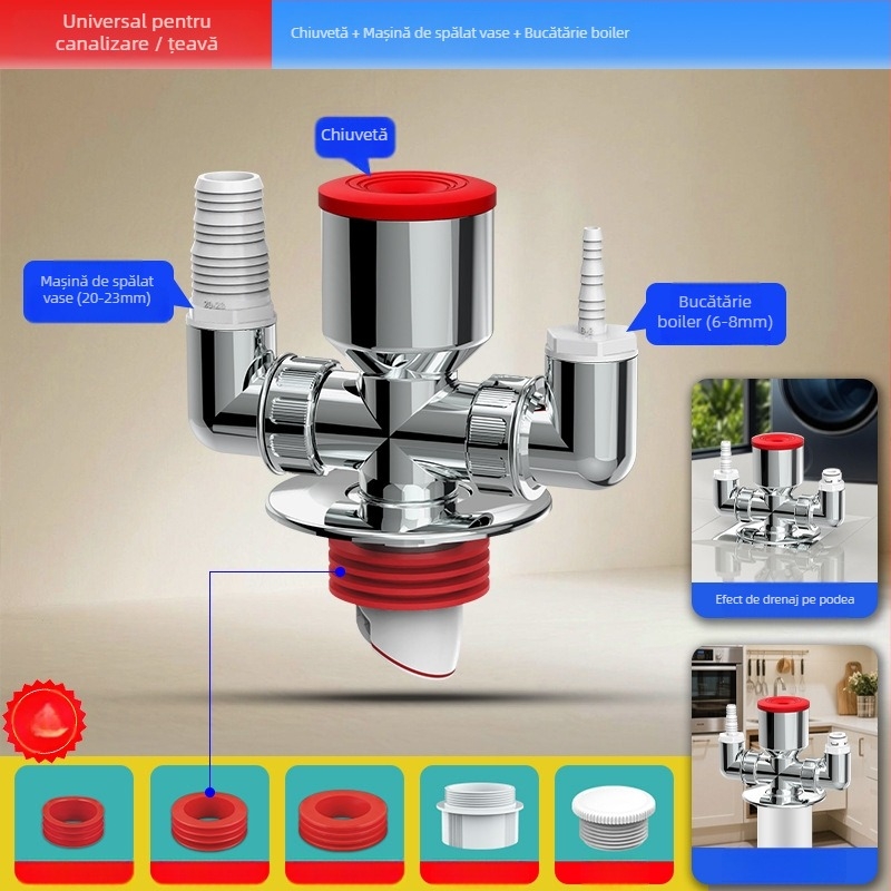Distribuitor de scurgere pentru mașina de spălat, ABS, ramificație de 20 mm, etanșare cu apă 60, interval -20–90 °C, montaj prin presiune manuală