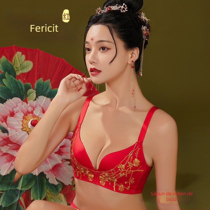 Set de sutiene cu dantelă brodată, cupă 3/4, fără arcuri metalice, cupă modelată cu partea superioară subțire și partea inferioară mai groasă, material principal nylon, căptușeală spandex, închidere la spate cu patru rânduri de cârlige