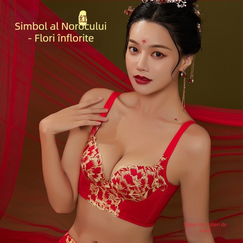 Set de sutiene cu dantelă brodată, cupă 3/4, fără arcuri metalice, cupă modelată cu partea superioară subțire și partea inferioară mai groasă, material principal nylon, căptușeală spandex, închidere la spate cu patru rânduri de cârlige