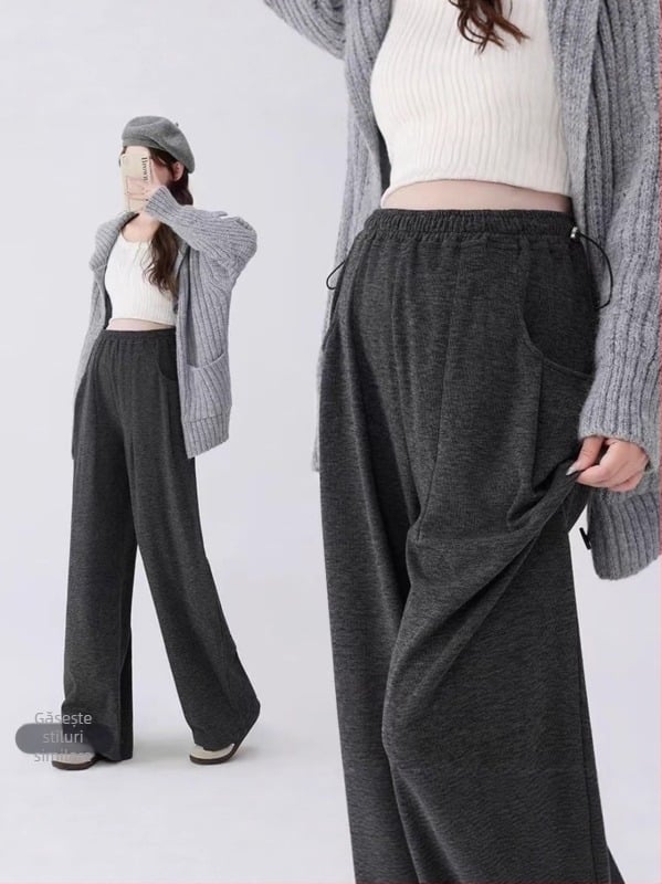 Pantaloni de maternitate de iarnă, talie reglabilă, talie înaltă, croială dreaptă, fleece gros, amestec poliester-spandex 50–70% pentru susținerea abdomenului