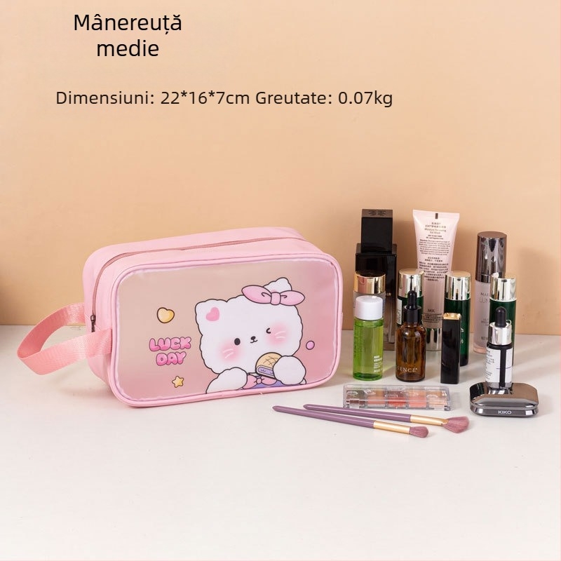 Geantă de toaletă impermeabilă cu imprimeu desen animat, capacitate mare, PVC, fermoar, separare uscat-umed