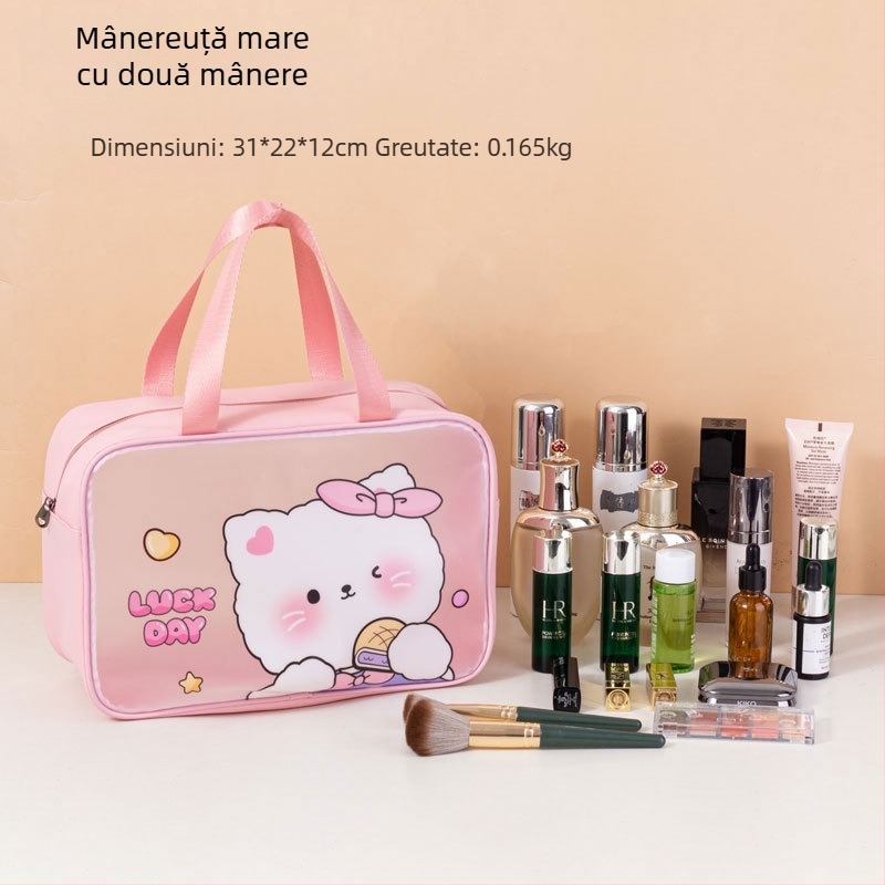 Geantă de toaletă impermeabilă cu imprimeu desen animat, capacitate mare, PVC, fermoar, separare uscat-umed