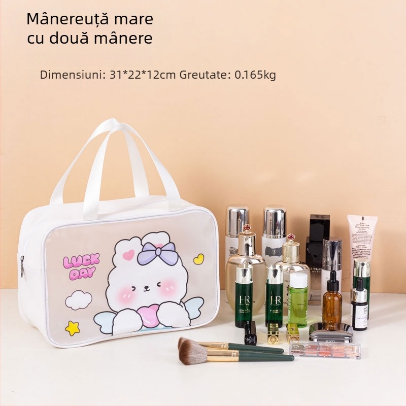 Geantă de toaletă impermeabilă cu imprimeu desen animat, capacitate mare, PVC, fermoar, separare uscat-umed