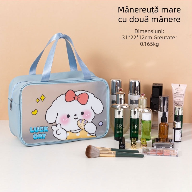 Geantă de toaletă impermeabilă cu imprimeu desen animat, capacitate mare, PVC, fermoar, separare uscat-umed