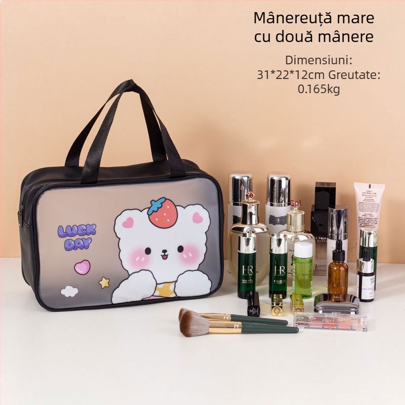 Geantă de toaletă impermeabilă cu imprimeu desen animat, capacitate mare, PVC, fermoar, separare uscat-umed