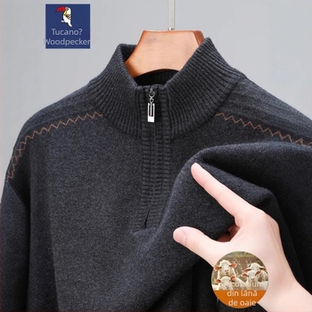 Pulover din lână pură, cu fermoar parțial, tricot gros, jacquard, croială lejeră pentru bărbați de vârstă mijlocie