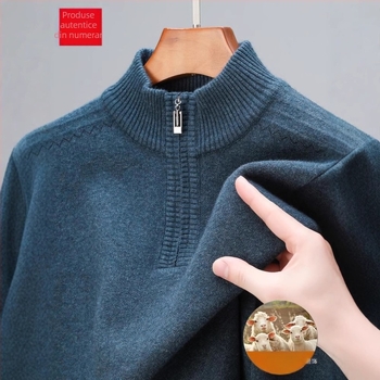 Pulover din lână pură, cu fermoar parțial, tricot gros, jacquard, croială lejeră pentru bărbați de vârstă mijlocie