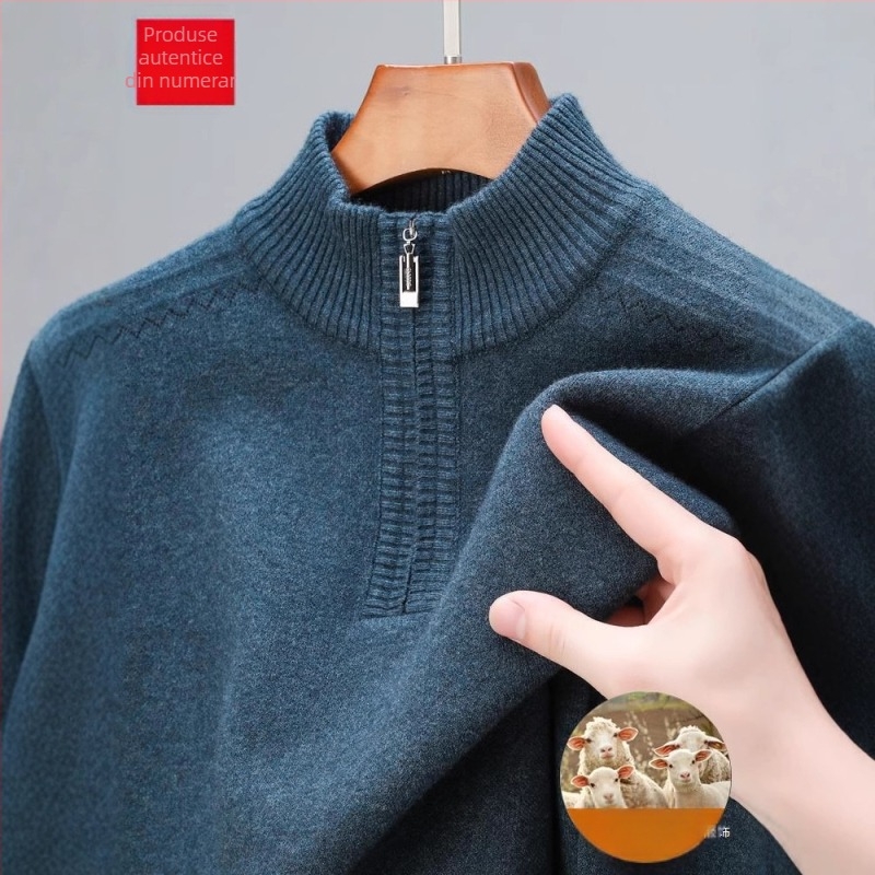 Pulover din lână pură, cu fermoar parțial, tricot gros, jacquard, croială lejeră pentru bărbați de vârstă mijlocie