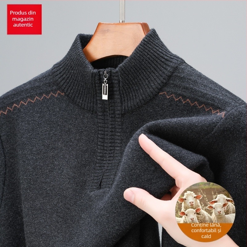 Pulover din lână pură, cu fermoar parțial, tricot gros, jacquard, croială lejeră pentru bărbați de vârstă mijlocie