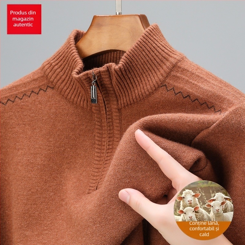 Pulover din lână pură, cu fermoar parțial, tricot gros, jacquard, croială lejeră pentru bărbați de vârstă mijlocie