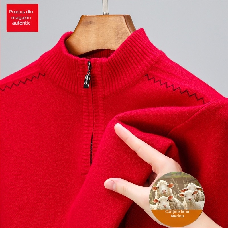 Pulover din lână pură, cu fermoar parțial, tricot gros, jacquard, croială lejeră pentru bărbați de vârstă mijlocie