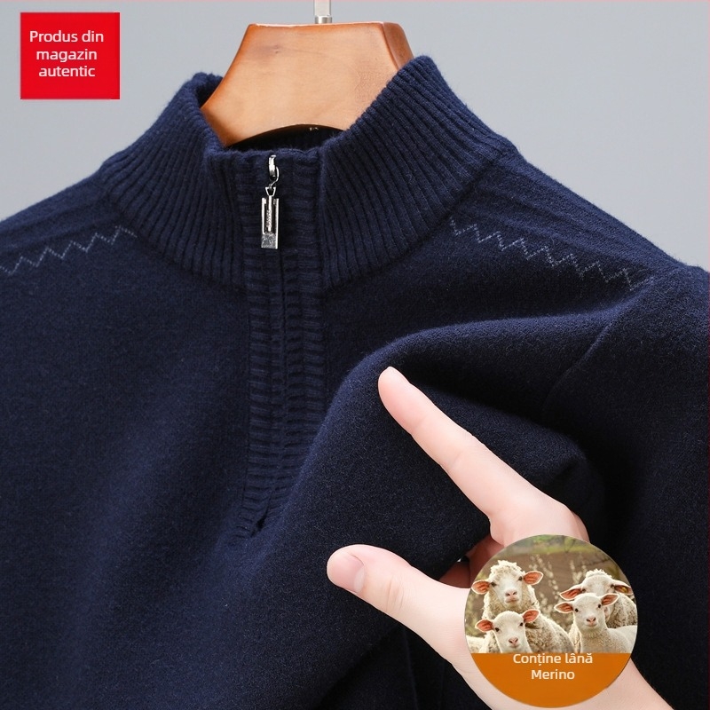 Pulover din lână pură, cu fermoar parțial, tricot gros, jacquard, croială lejeră pentru bărbați de vârstă mijlocie