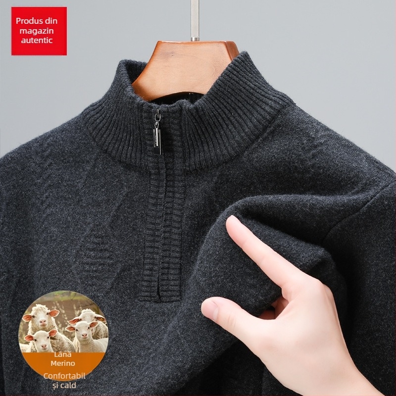 Pulover din lână pură, cu fermoar parțial, tricot gros, jacquard, croială lejeră pentru bărbați de vârstă mijlocie