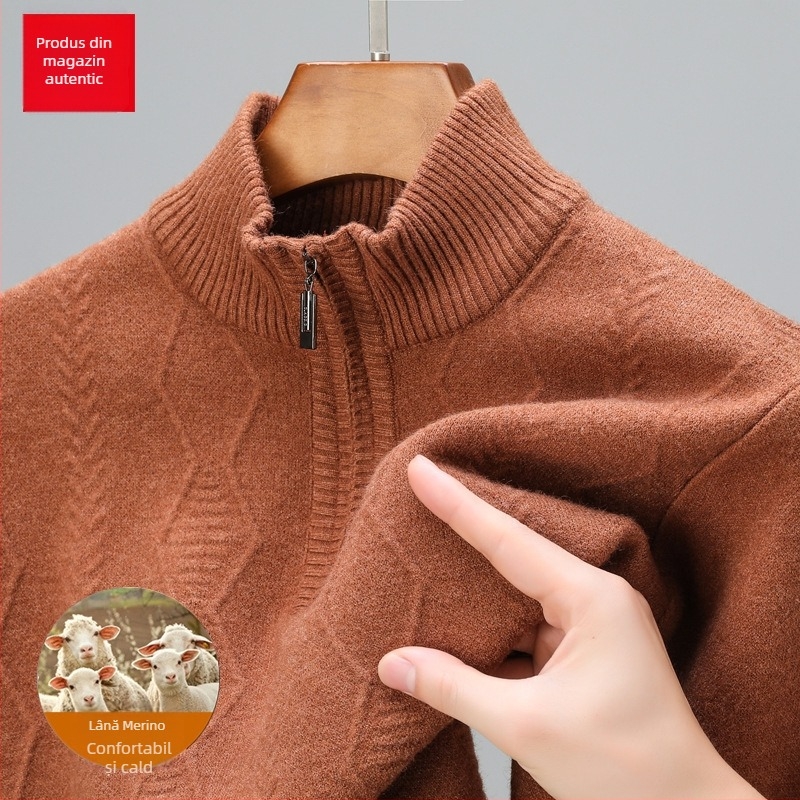 Pulover din lână pură, cu fermoar parțial, tricot gros, jacquard, croială lejeră pentru bărbați de vârstă mijlocie