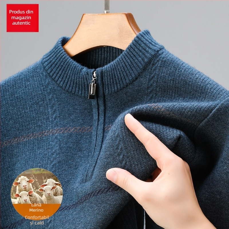 Pulover din lână pură, cu fermoar parțial, tricot gros, jacquard, croială lejeră pentru bărbați de vârstă mijlocie