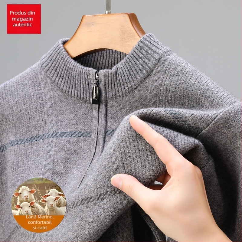 Pulover din lână pură, cu fermoar parțial, tricot gros, jacquard, croială lejeră pentru bărbați de vârstă mijlocie