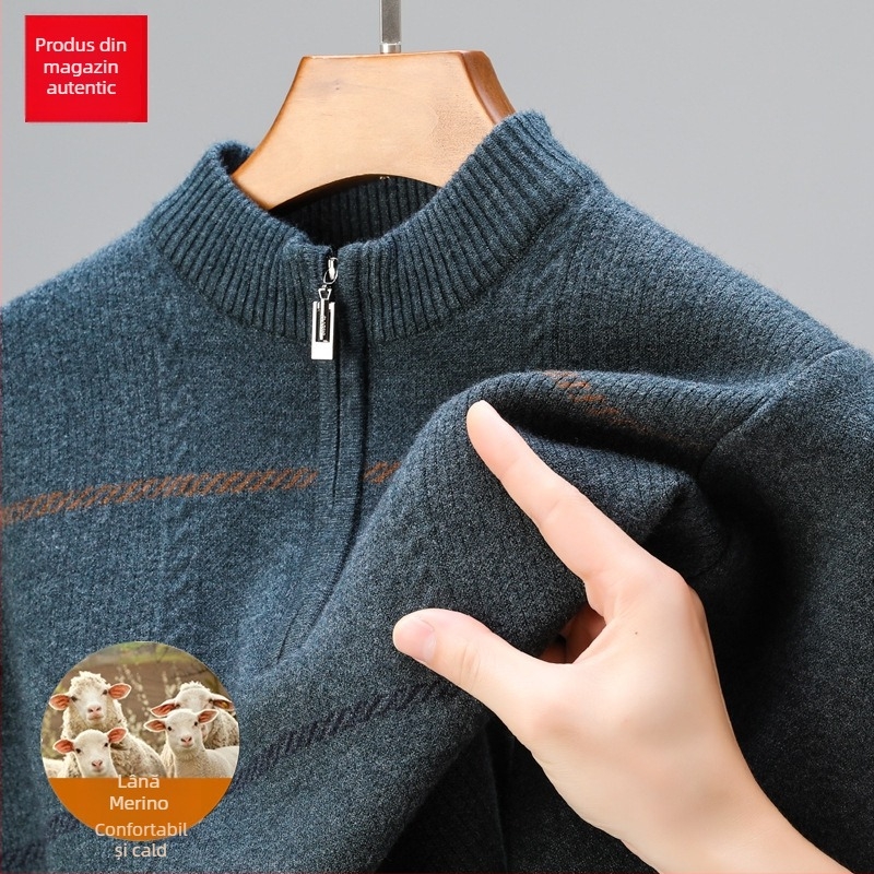 Pulover din lână pură, cu fermoar parțial, tricot gros, jacquard, croială lejeră pentru bărbați de vârstă mijlocie