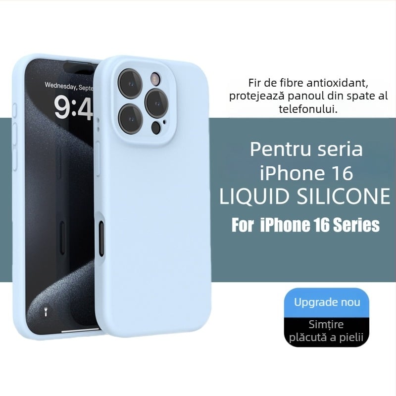 Carcasă din silicon lichid, culoare uni pentru seria iPhone 16, cu protecție completă a obiectivului și rezistență la căderi