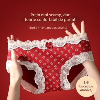 Chiloți triunghi din bumbac cu dantelă pentru adolescente – antibacteriale, 95-100% bumbac, talie medie, model floral, zodiacul calului