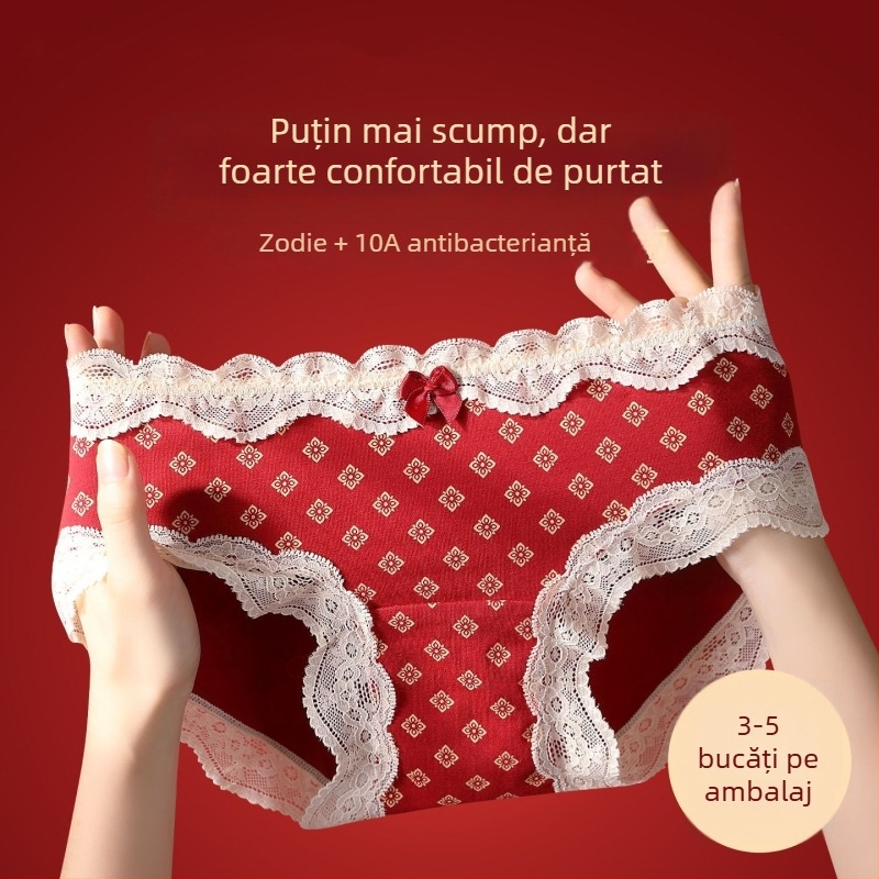 Chiloți triunghi din bumbac cu dantelă pentru adolescente – antibacteriale, 95-100% bumbac, talie medie, model floral, zodiacul calului